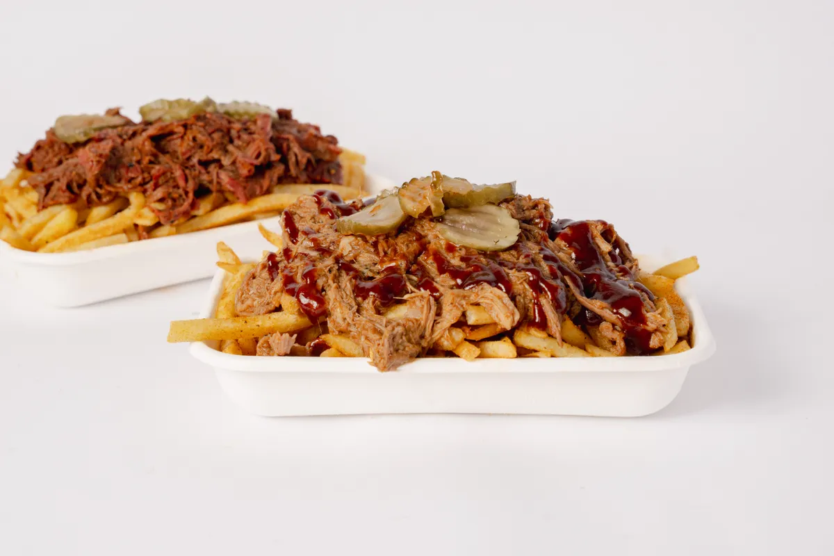 American BBQ brisket and pulled pork platter
