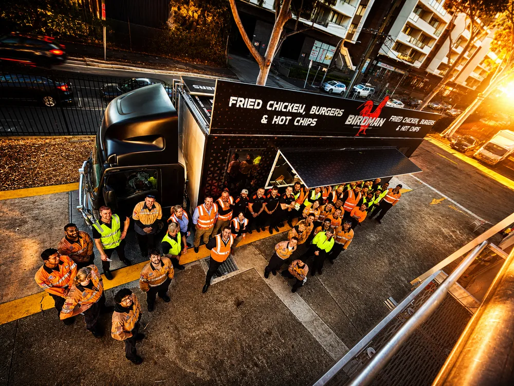Birdman KFC food truck corporate catering event Sydney, aerial view with crew